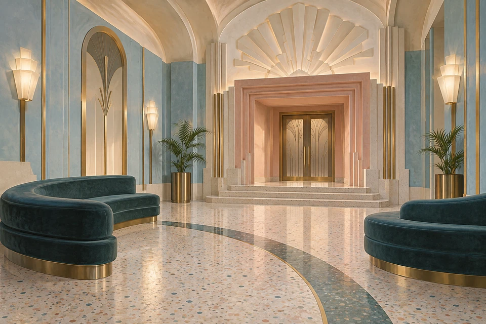 Helles Foyer mit blauen Wänden, rosa Stufenportal, fächerförmigem Relief, warmen Wandleuchten und zwei dunkelgrünen Rundbänken auf Terrazzo.