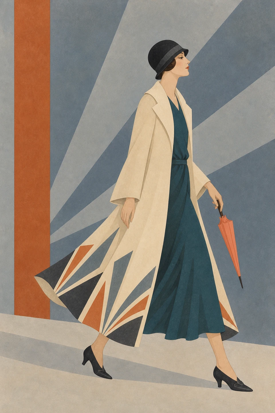 Modeillustration einer Frau im cremefarbenen Mantel mit geometrischem Saummuster, petrolfarbenem Kleid und schwarzem Hut; sie trägt einen geschlossenen korallfarbenen Schirm.