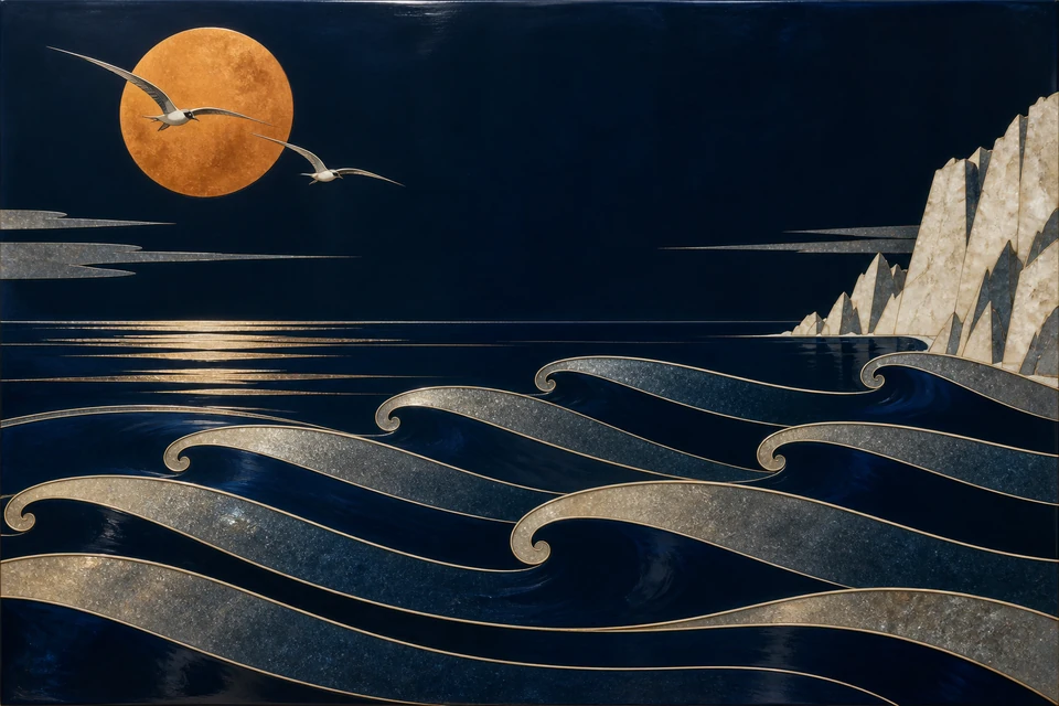 Dunkelblaues Meer mit geschwungenen silbernen Wellen, orangefarbenem Mond und zwei Vögeln links; rechts eine helle geometrische Felsküste.