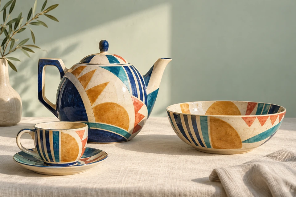 Keramische Teekanne, Tasse mit Untertasse und große offene Schale mit gelben Kreissegmenten, roten Dreiecken und blauen Streifen auf hellem Tuch.