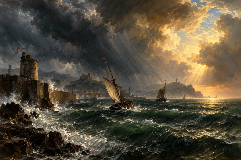 Zwei Segelschiffe fahren vor einer befestigten Küste durch dunkles bewegtes Wasser; rechts bricht goldenes Licht durch mächtige Regenwolken.
