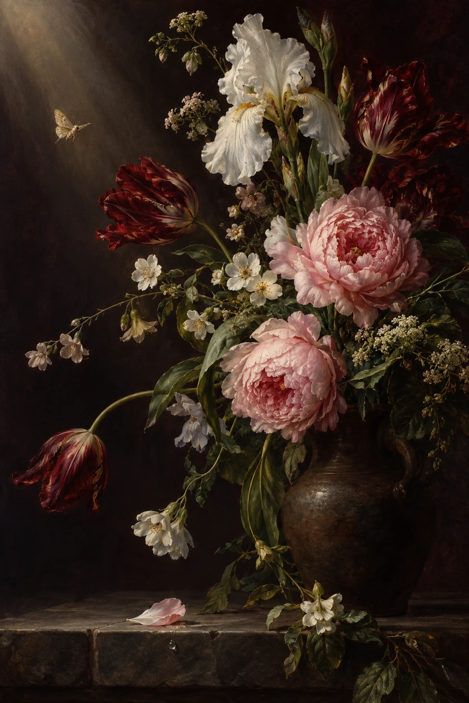 Weiße Iris, rosa Pfingstrosen und dunkelrote Tulpen ragen aus einer braunen Vase; links schwebt eine kleine Motte im Licht, unten liegt ein Blütenblatt neben einem Tropfen.