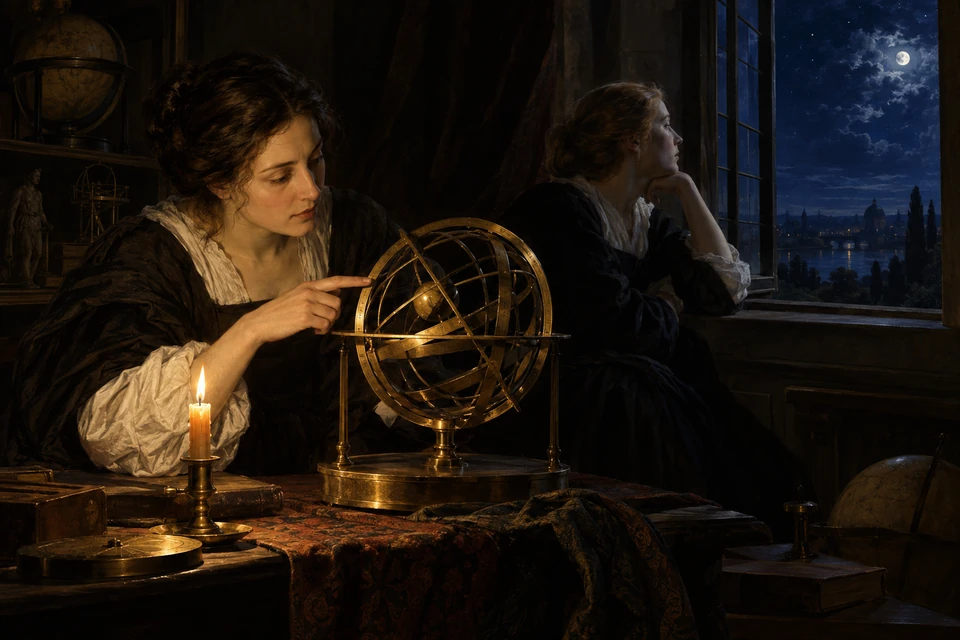 Zwei Frauen sitzen nachts an einem Tisch mit einer goldfarbenen Armillarsphäre; eine zeigt auf einen Ring, die andere schaut durch das Fenster zum Mond.