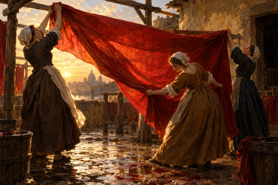 Drei Frauen halten in einem gepflasterten Hof ein großes rotes Tuch vor die tief stehende Sonne; das Licht scheint durch den Stoff und spiegelt sich im nassen Boden.
