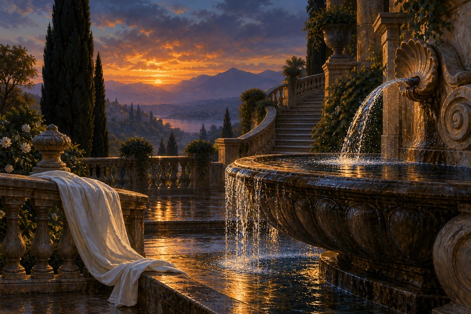 Ein muschelförmiger Brunnen ergießt Wasser in ein großes Steinbecken; daneben liegen ein weißes Tuch, eine geschwungene Treppe und Zypressen vor einem orangevioletten Abendhimmel.
