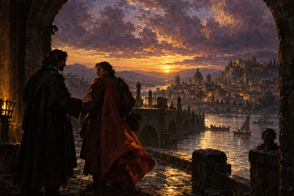 Unter einem dunklen Tor berührt ein Mann den Arm eines Reisenden mit rotem Mantel; dahinter führt eine steinerne Brücke zu einer Stadt im Sonnenuntergang.