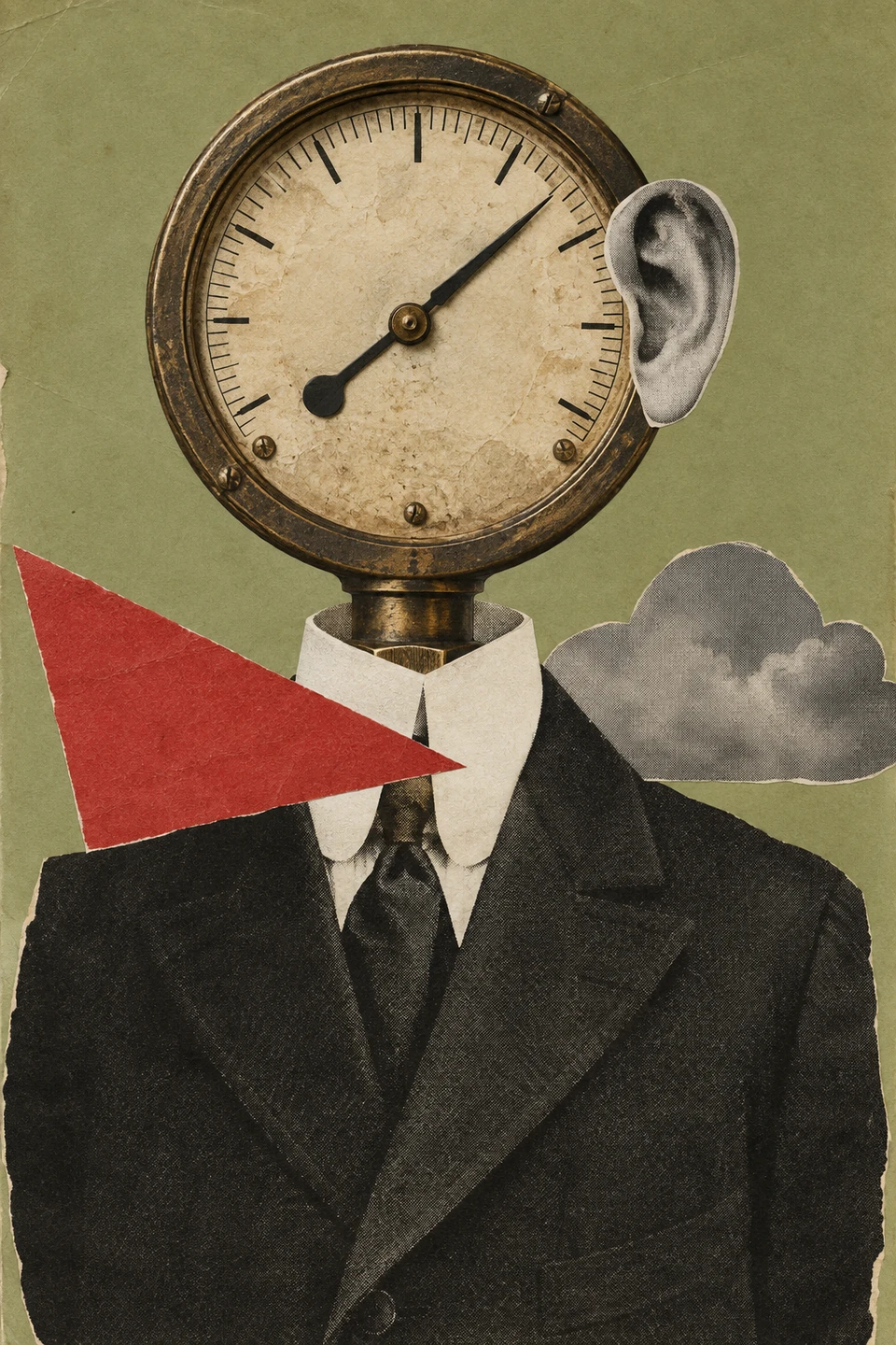 Collage aus schwarzem Anzug, weißem Kragen, rundem Messgerät mit Zeiger und ohne Zahlen, seitlichem Ohr, rotem Dreieck und grauer Wolkenform.