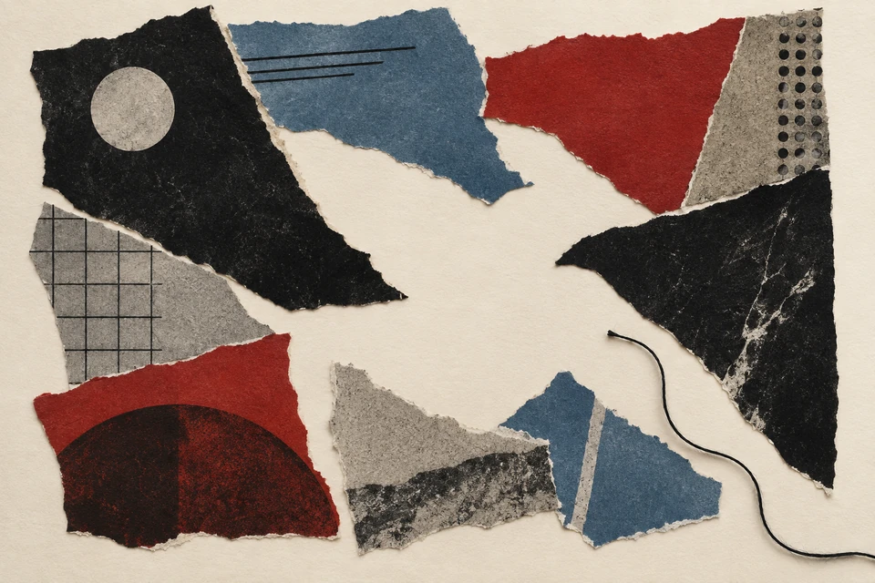 Schwarze, blaue, rote und graue Papierfragmente mit gerissenen Rändern liegen um eine helle freie Mitte; unten rechts läuft ein schwarzer Faden ein.