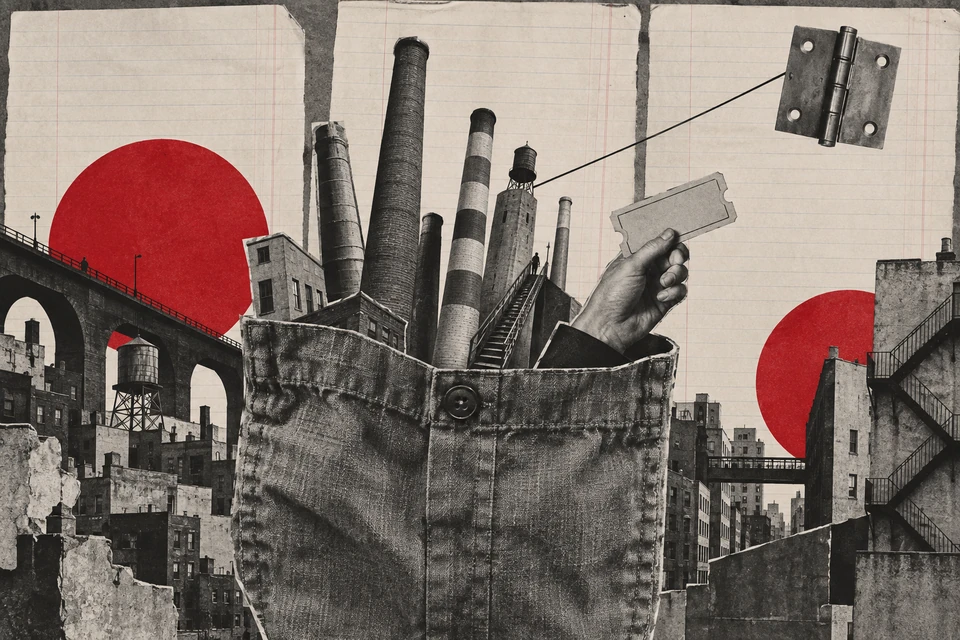 Fotomontage aus Stofftasche, Fabrikschornsteinen, Treppen und Hand mit leerer Fahrkarte; rote Kreise vor linierten Papieren und ein schwebendes Scharnier rechts oben.