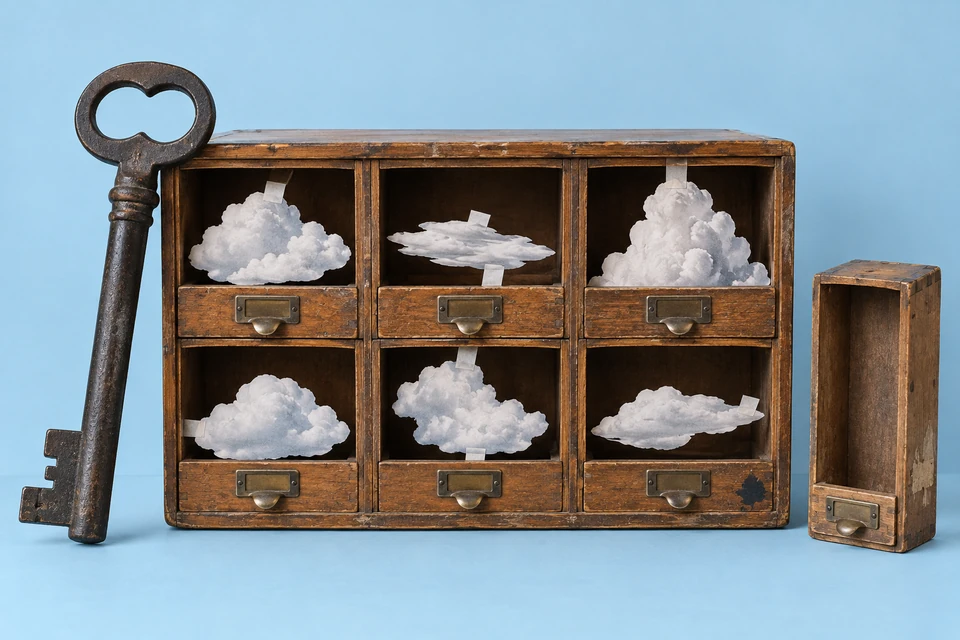 Holzschrank mit sechs Fächern und eingeklebten Wolkenbildern, großer Schlüssel links und leere hochkant stehende Schublade rechts vor hellblauem Grund.
