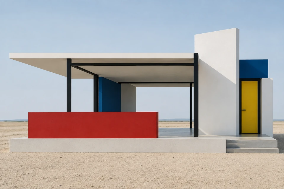 Flacher Pavillon mit weit auskragendem weißem Dach, schwarzen Stützen, roter niedriger Vorderwand, blauen Flächen und gelber Tür rechts in sandiger Umgebung.