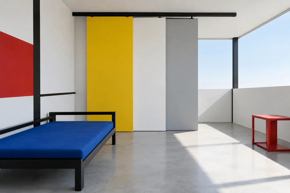Heller Raum mit gelben, weißen und grauen Paneelen an schwarzer Deckenschiene, blau gepolsterter Liege links, rotem Beistelltisch rechts und großen Fensteröffnungen.