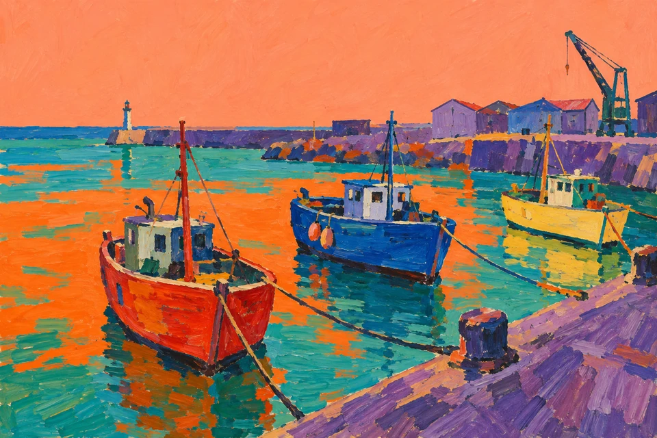 Drei farbige Fischerboote liegen in einem Hafen zwischen orangefarbenen und türkisfarbenen Wasserflächen.