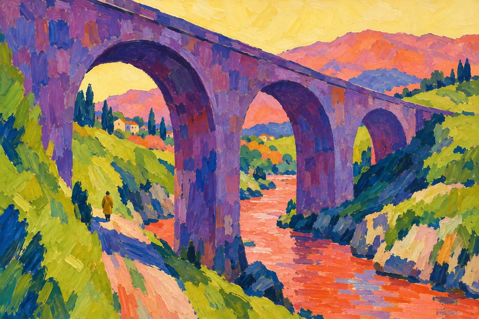 Eine violette Brücke führt mit großen Bögen über einen korallfarbenen Fluss zwischen grünen Ufern.