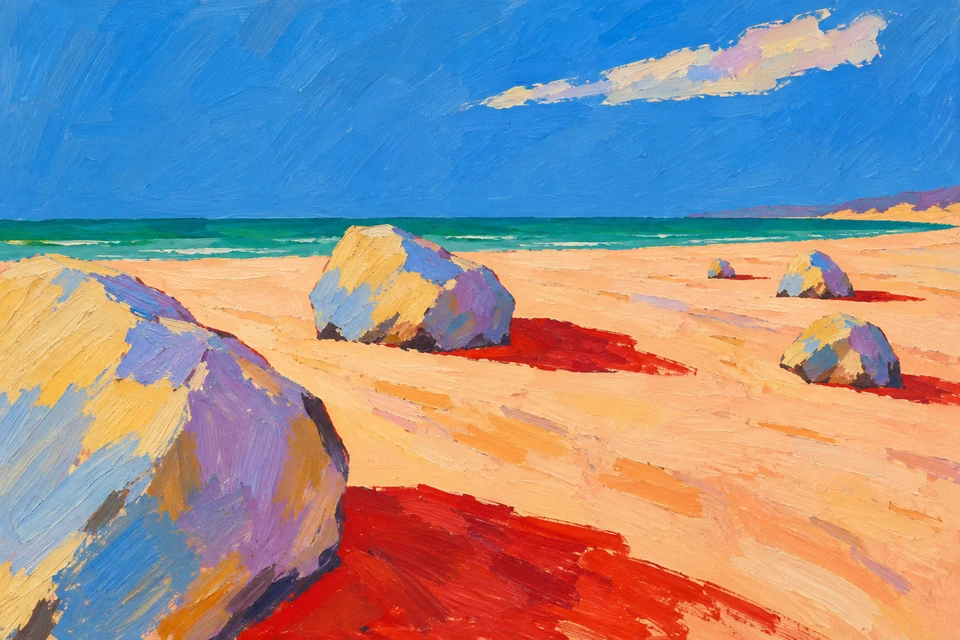 Helle Felsen werfen rote Schatten auf einen Strand vor einem grünen Meer.