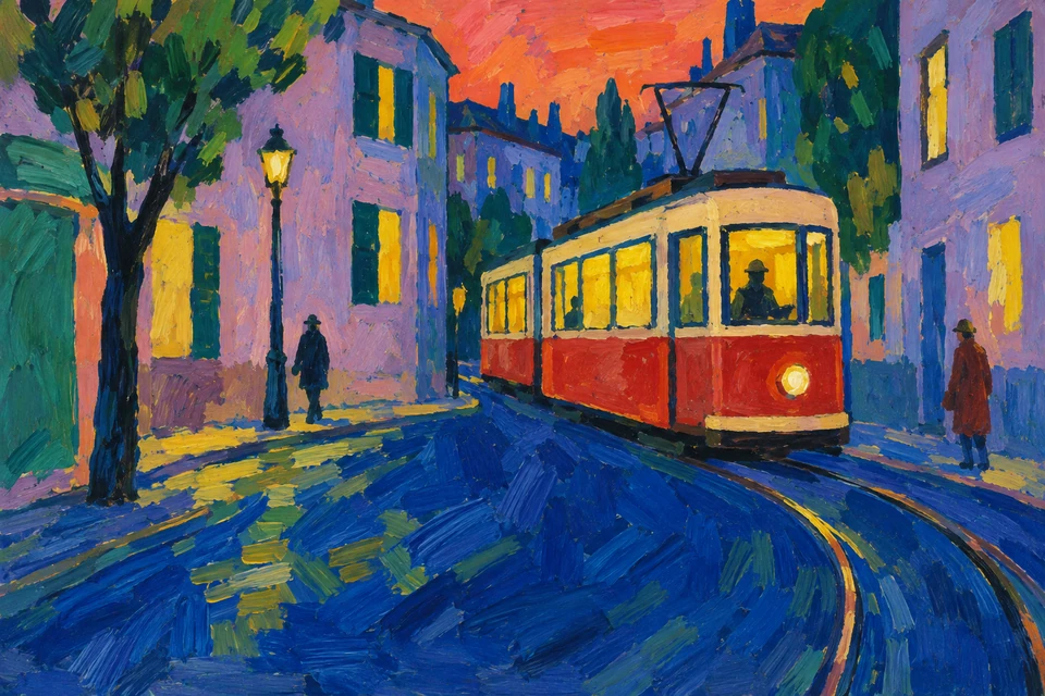 Eine rote und cremefarbene Straßenbahn biegt zwischen violetten Häusern über eine tiefblaue Straße.