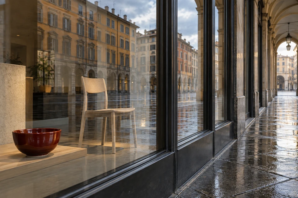 Schwarze Fensterrahmen, heller Stuhl und rote Schale hinter Glas, darüber Spiegelungen ockerfarbener Häuser und nasses Arkadenpflaster.