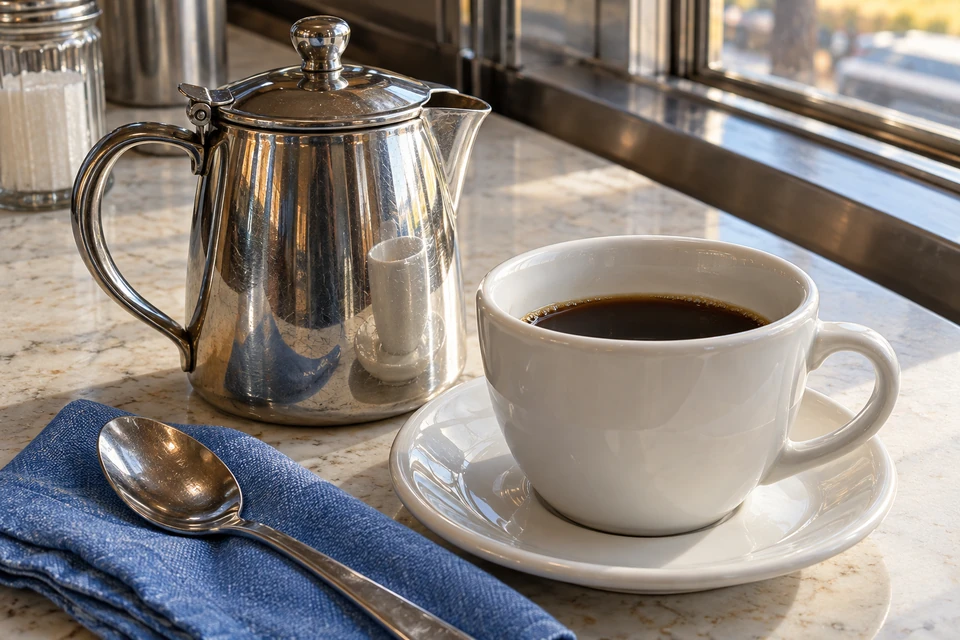 Weiße Kaffeetasse neben glänzender Metallkanne, Löffel auf blauem Tuch und heller Theke am Fenster.