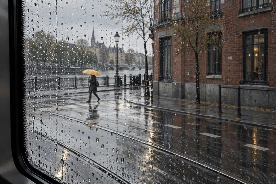 Blick durch ein regenbedecktes Fenster auf nasse Gleise, eine Backsteinecke und eine gehende Person mit gelbem Schirm.