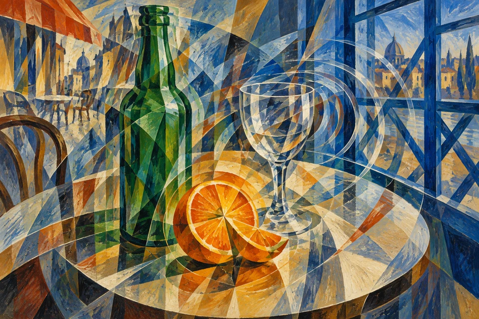 Grüne Flasche, klares Stielglas und angeschnittene Orange auf rundem Tisch; weiße Bögen, farbige Facetten und ein blaues Fenster durchdringen die Gegenstände.