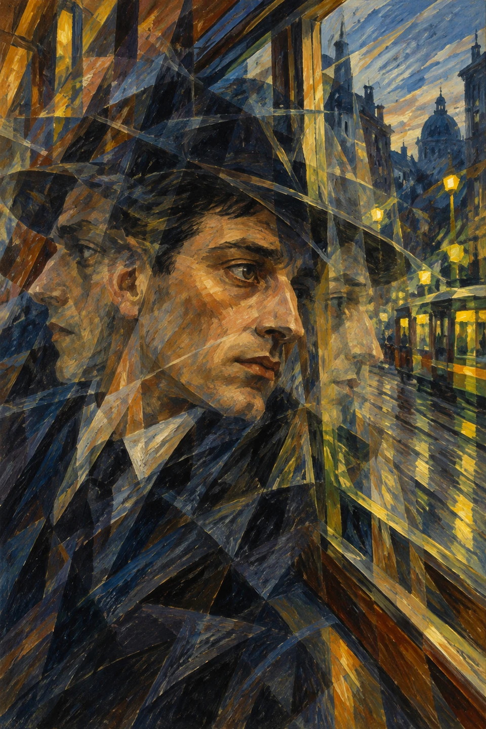 Mann mit dunklem Hut am Fenster, klares zentrales Gesicht und seitliche transparente Profile; gelbe Stadtlichter und blaue Facetten durchkreuzen die Szene.