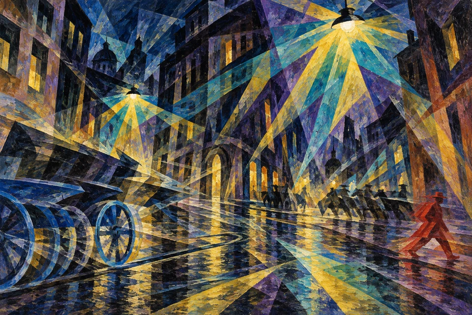 Nächtliche Straße unter zwei hängenden Lampen; gelbe und türkise Lichtkeile, blaue Radspuren links und rote gehende Figur rechts.