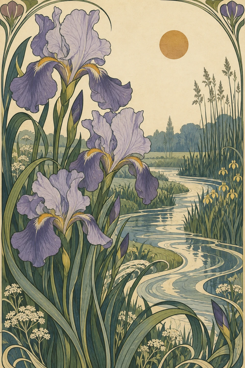 Violette Irisblüten und lange geschwungene Blätter begleiten einen schmalen stilisierten Fluss.