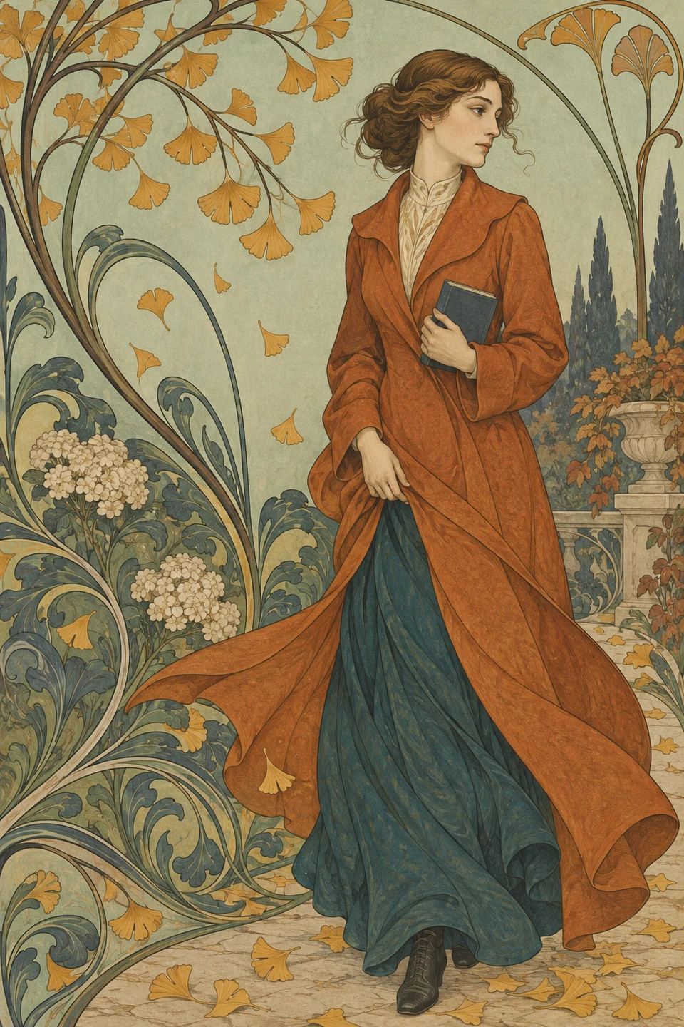 Eine erwachsene Frau in langem orangefarbenem Mantel geht mit einem kleinen Buch durch stilisierte herbstliche Pflanzen.