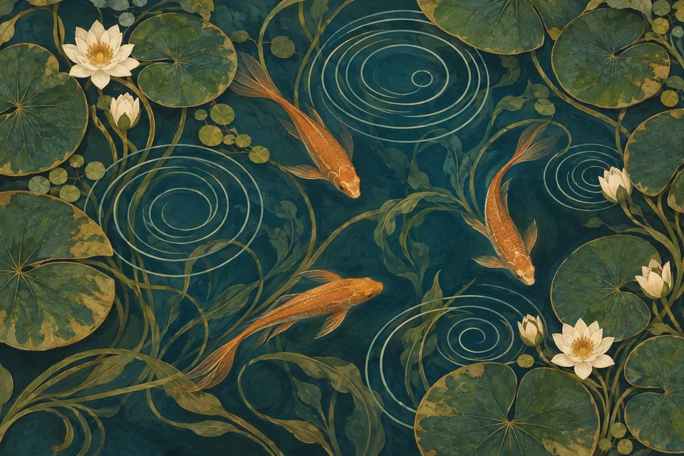 Drei kupferfarbene Fische schwimmen zwischen runden Blättern, feinen Stängeln und hellen Kreiswellen auf dunklem Wasser.