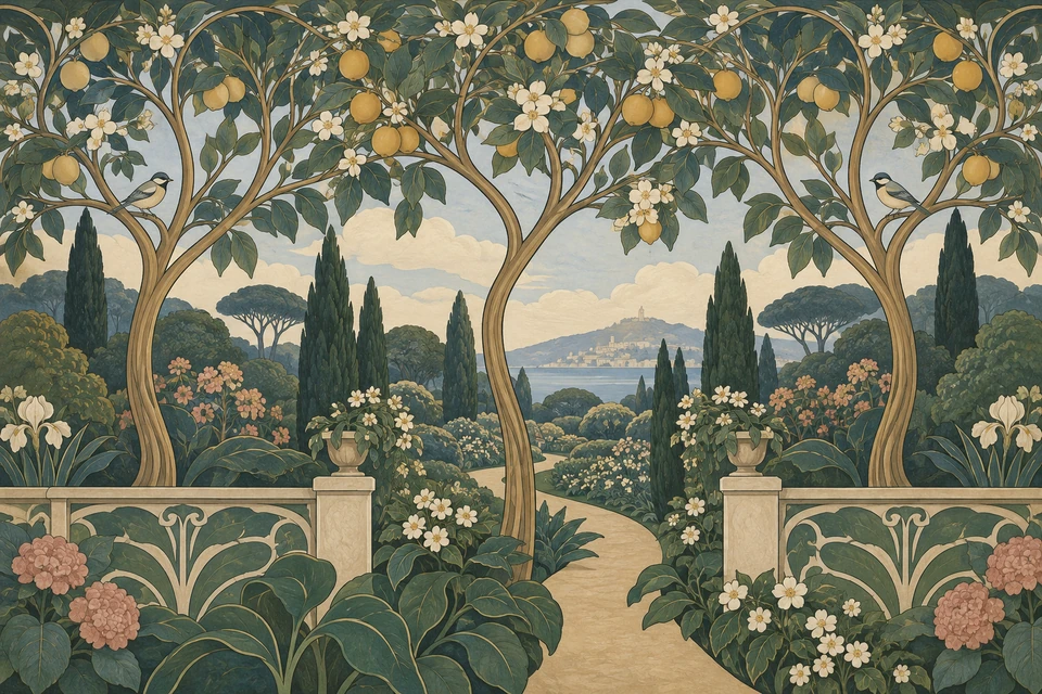Drei stilisierte Obstbäume stehen hinter einer niedrigen Gartenmauer; ein geschwungener Weg führt zwischen Blättern und Blüten in die Ferne.