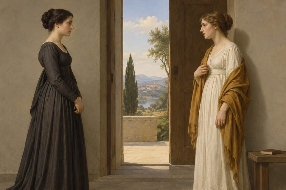 Zwei Frauen in einem dunklen und einem hellen Kleid stehen einander gegenüber; zwischen ihnen öffnet sich eine Tür zur Landschaft, rechts liegt ein geschlossenes Buch auf einer Bank.