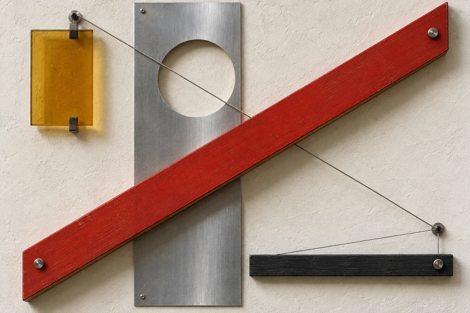 Rote Holzleiste schräg vor einer silbernen Platte mit Kreisöffnung, bernsteinfarbenem Glas und schwarzer Leiste auf heller Wand.