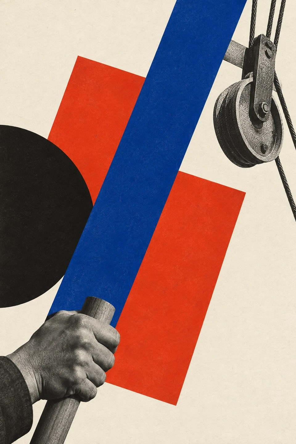 Grafische Montage auf hellem Papier: unten links eine Hand an einem Holzgriff, oben rechts eine Seilrolle, dazwischen blaue Diagonale, rote Rechtecke und schwarzer Kreisausschnitt.