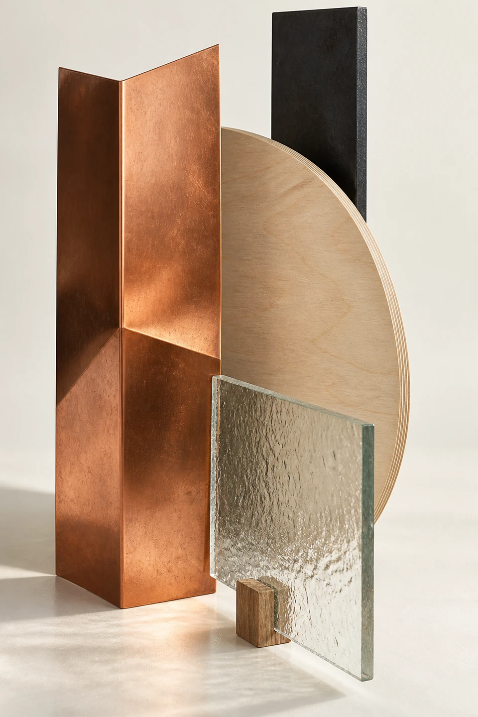 Aufrechte Materialkomposition mit gefaltetem Kupfer links, hellem Holzhalbkreis, schwarzem Rechteck und durchscheinender Glasscheibe in einem kleinen Holzhalter.
