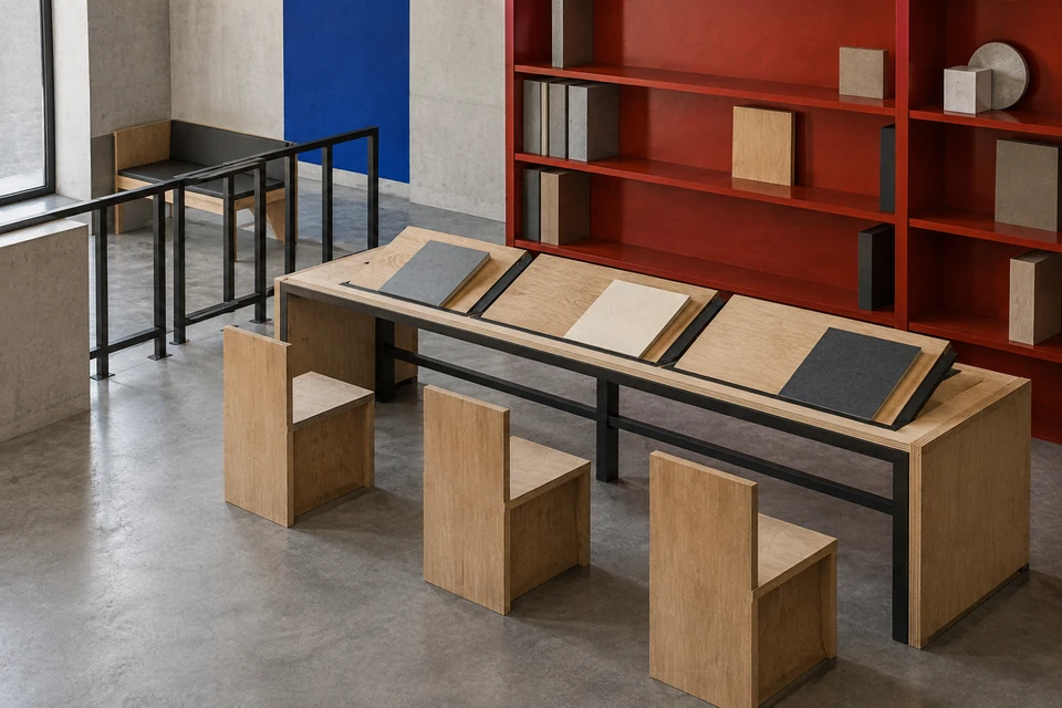 Drei schlichte Holzsitze vor einem langen Tisch mit geneigten Lesepulten; dahinter rotes Regal, links schwarzes Geländer und blaue Wandfläche.
