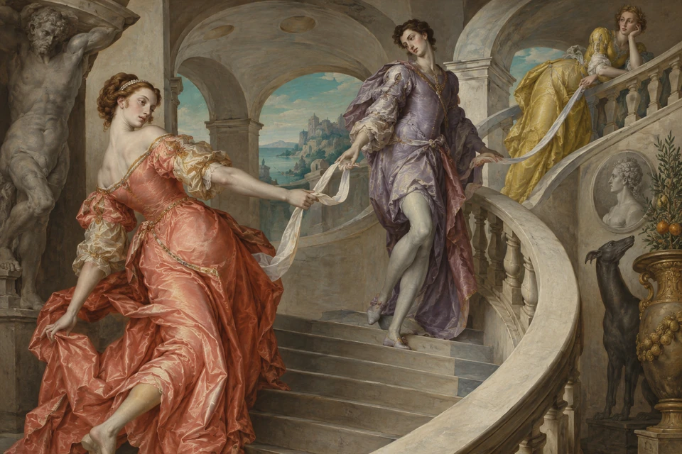 Drei elegant gekleidete Erwachsene stehen oder lehnen auf einer gebogenen Treppe; ein helles Stoffband verbindet ihre Hände zwischen korallroten, violetten und gelben Gewändern.