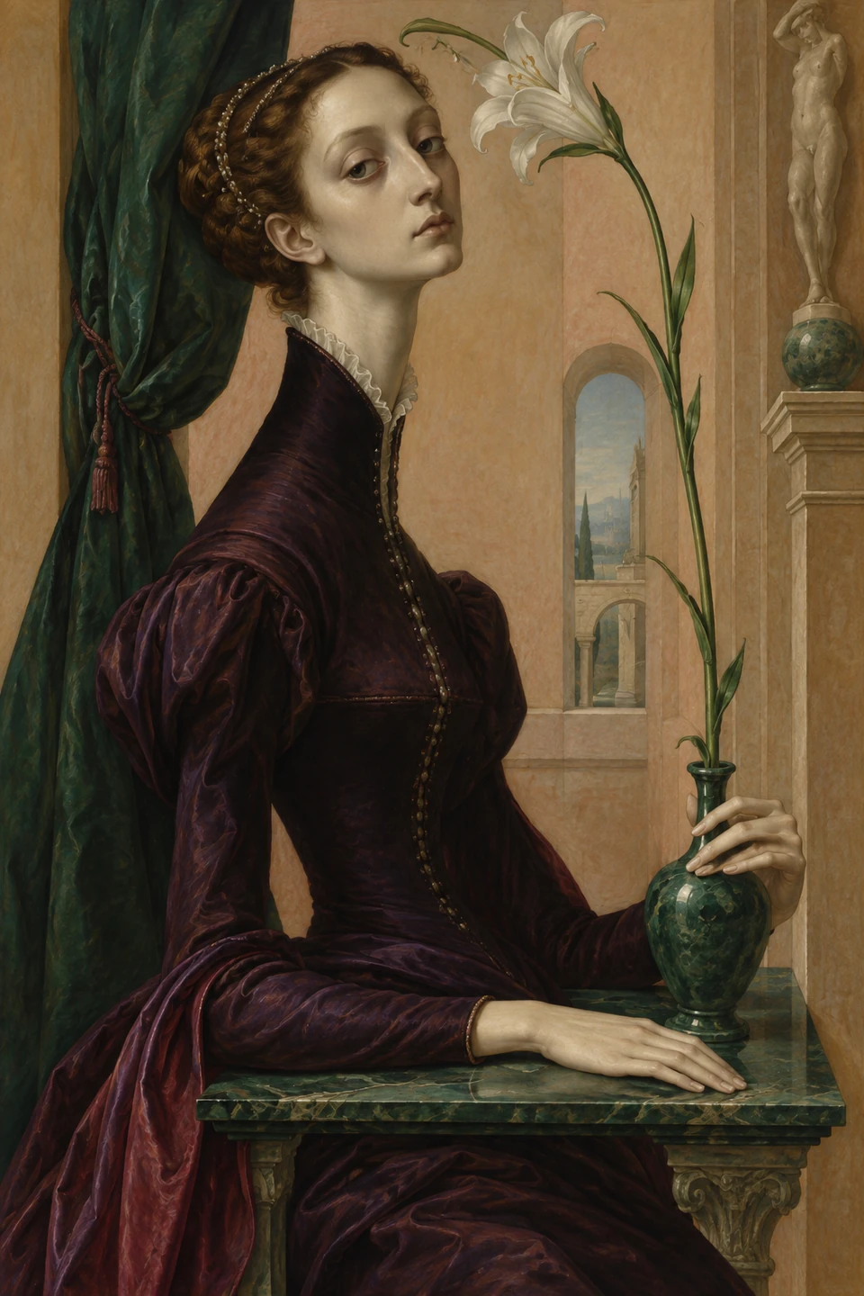 Eine erwachsene Figur in dunkelviolettem Gewand sitzt an einem schmalen grünen Tisch und berührt eine Vase mit einer sehr langen weißen Lilie; der Hals und die Hände sind stilisiert verlängert.