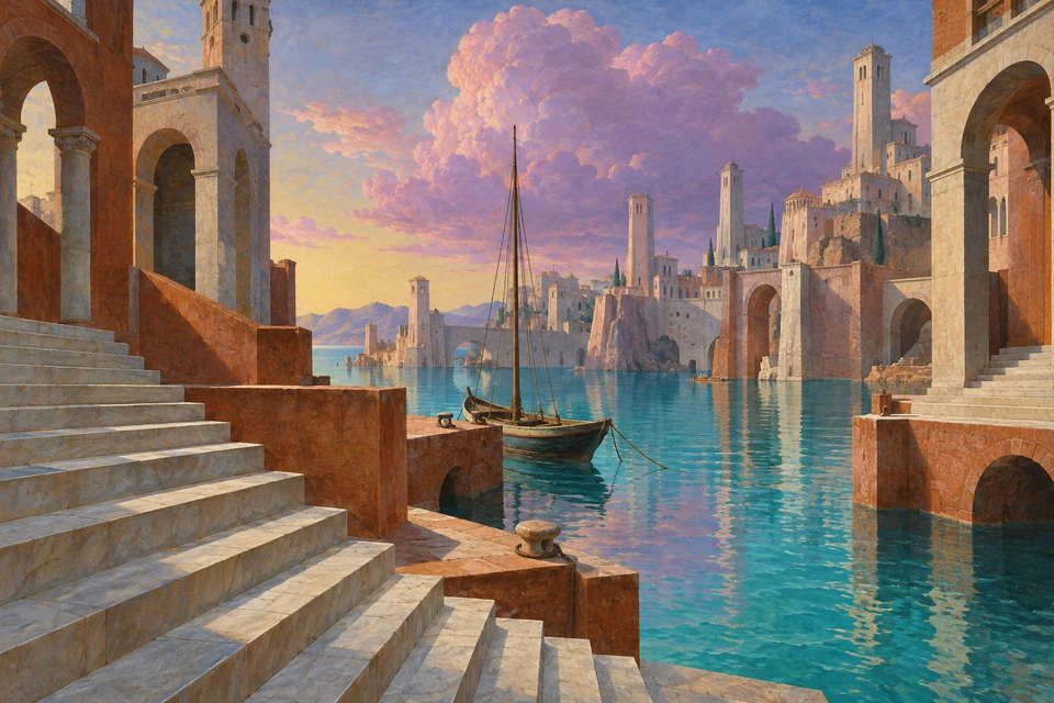 Menschenleerer Hafen mit steilen hellen Treppen, rostfarbenen Mauern, vielen Türmen und einem kleinen Segelboot vor türkisfarbenem Wasser und violettrosa Wolken.