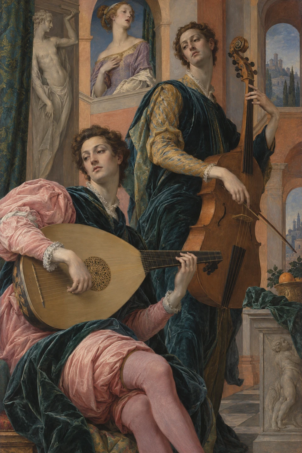 Drei erwachsene Musizierende mit langgestreckten Haltungen sind übereinander angeordnet: vorn eine Laute, dahinter ein großes Streichinstrument und oben eine singende Figur in einer Öffnung.