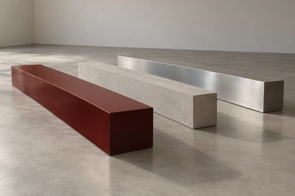 Drei parallele niedrige Quader in Dunkelrot, hellem Beton und silbrigem Metall auf grauem Boden.