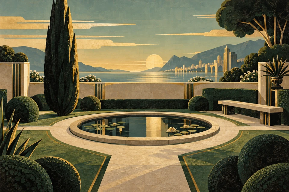 Art-déco-Garten in Dunkelgrün, Gold und Creme mit rundem Becken, schlanker linker Zypresse, goldgestreifter Bank rechts und stilisierter Stadt am Wasser.