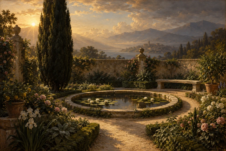 Barock geprägter Garten im goldenen Gegenlicht mit dunkler Zypresse links, Seerosenbecken, Bank rechts und weiten Bergen.