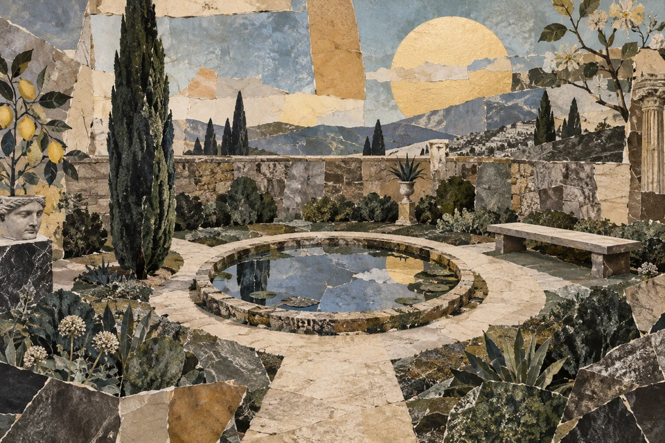 Dadaistisch angeregte Gartencollage mit sichtbaren Papierfragmenten, rundem Becken, Zypresse links, Bank rechts, angeschnittenem Skulpturenkopf und großer gelber Sonne.