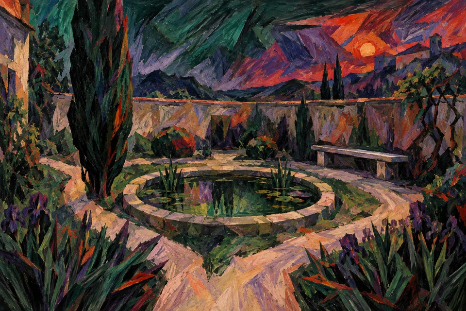 Expressionistischer Garten mit hohem dunklem Baum links, rundem Teich und rechter Steinbank unter rotviolettem Himmel.