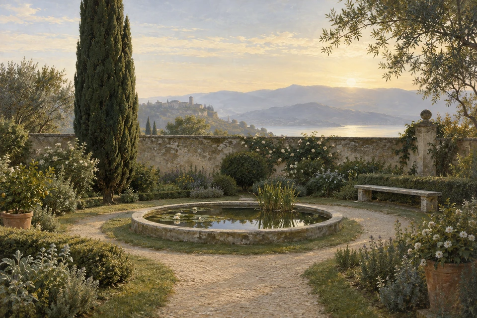Fotorealistisch geprägte Gartendarstellung mit detailliertem Kiesweg, kreisrundem Becken und Wasserpflanzen, hoher Zypresse links, Steinbank rechts und sonniger Fernlandschaft.