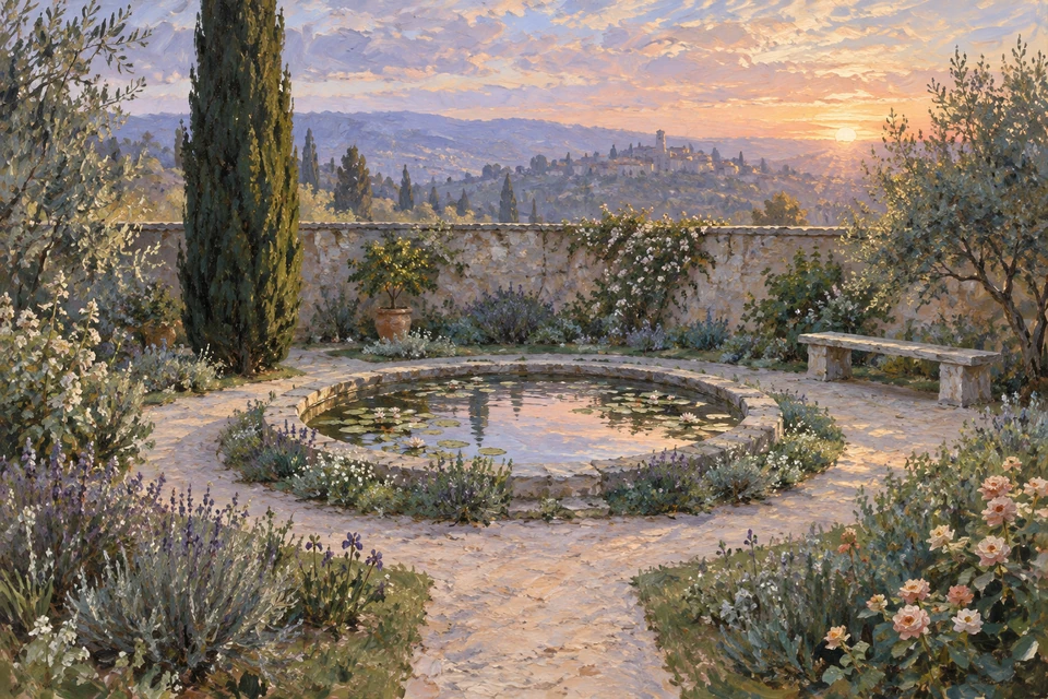 Impressionistisch gemalter Garten mit Zypresse links, rundem Seerosenbecken, Steinbank rechts und tiefem Sonnenlicht über einer fernen Stadt.