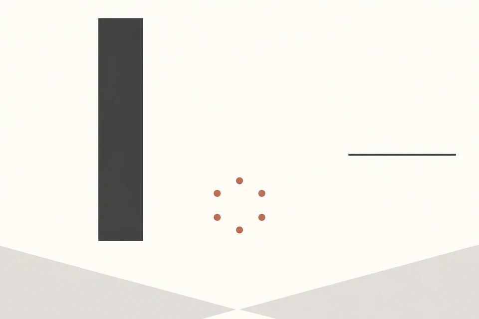 Minimalistische Komposition mit hohem dunkelgrauem Rechteck links, sechs kleinen rostfarbenen Kreisen, dünner waagerechter Linie rechts und blassgrauen Flächen unten.