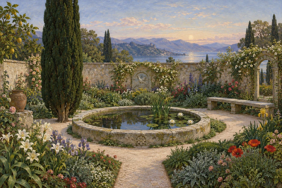 Präraffaelitisch geprägter Garten mit detaillierten Lilien und roten Blüten im Vordergrund, rundem Becken, dunkler Zypresse links und Bank vor einem Mauertor rechts.