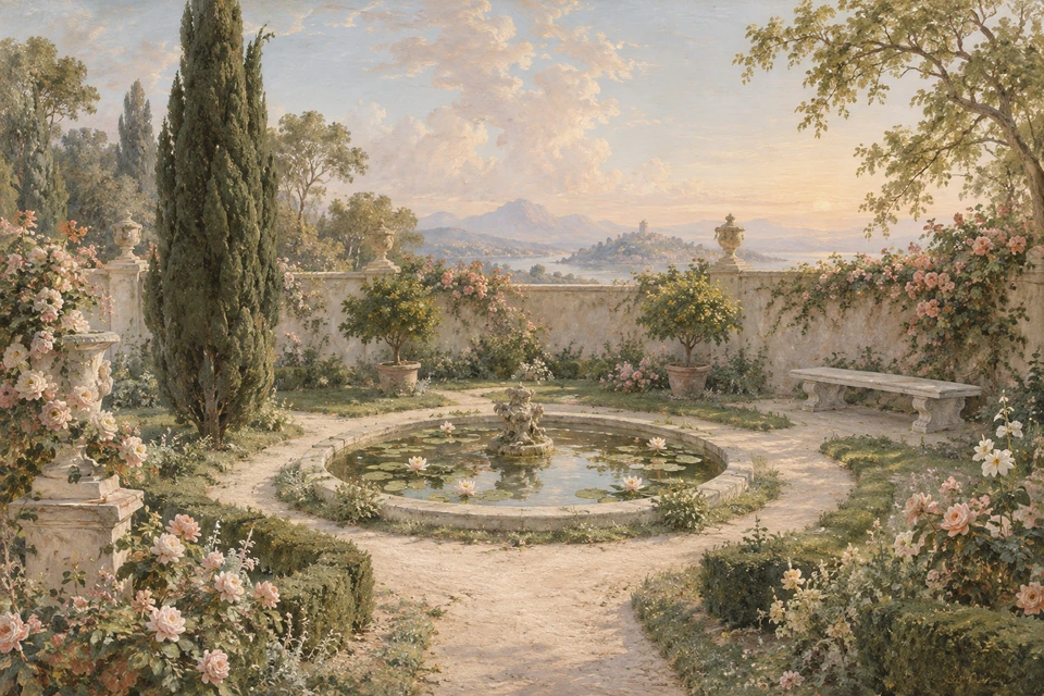 Rokokoartiger Garten in hellen Creme- und Rosatönen mit Rosen, schlanker Zypresse, rundem Becken mit kleiner Steinskulptur und verzierter Bank rechts.