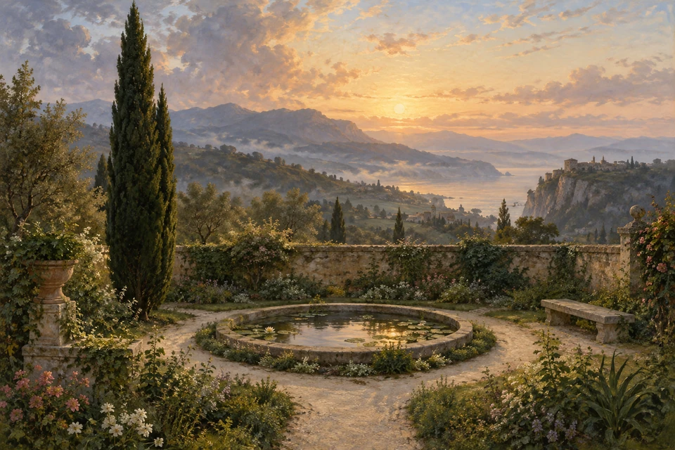 Romantische Gartenlandschaft mit Zypresse links, rundem Becken, Bank rechts und weit ausgreifendem Gebirgs- und Meerblick im goldenen Licht.